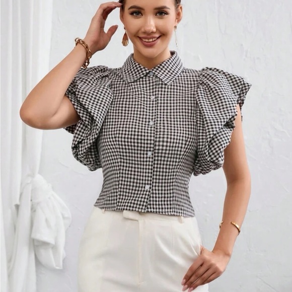 Classic Elegant Gingham Print Butterfly Sleeve Button Down Shirt Top Blouse - Picture 3 of 6